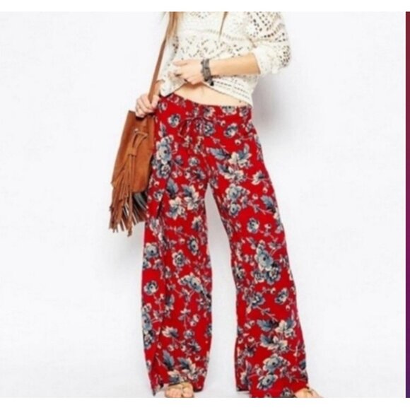 Vtg Y2K Denim & Supply Wide Leg Wrap Pants Pull On  Sz XS Floral Red Boho Vacay - Picture 2 of 10